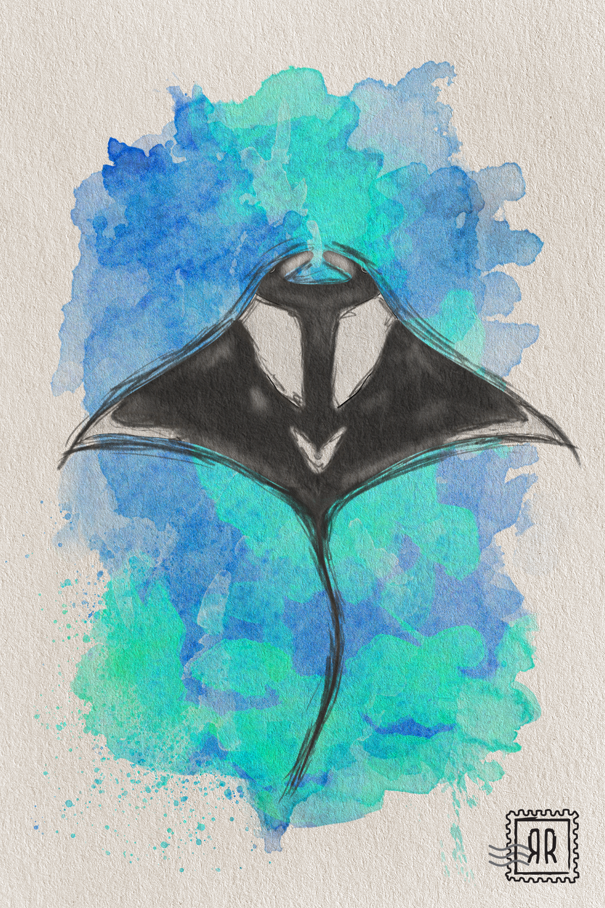 Poster manta raya en papel texturizado 31x46 cm